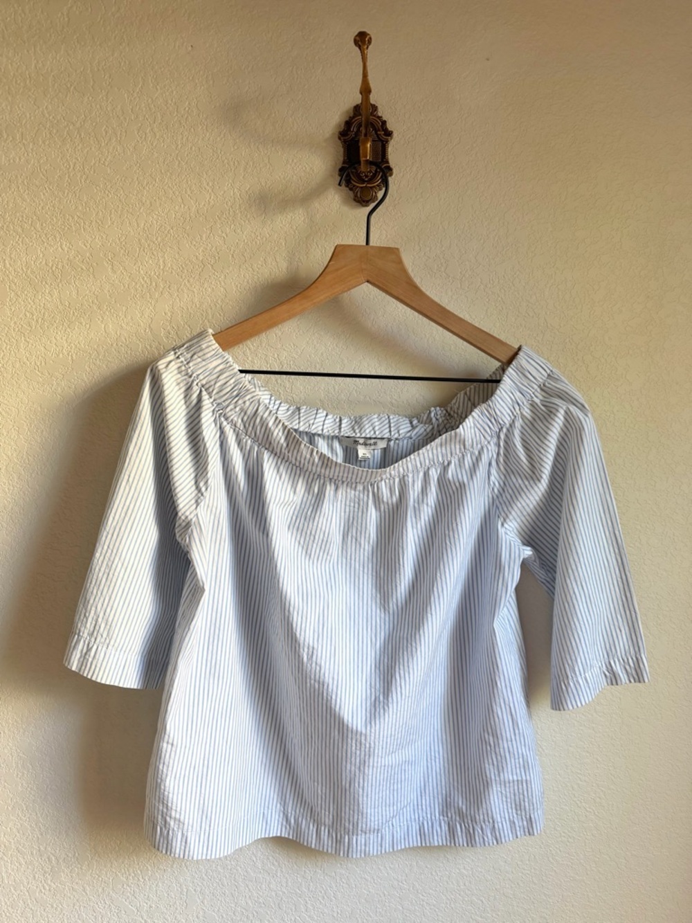 Madewell Blue and White Pinstripe Off-Shoulder Top